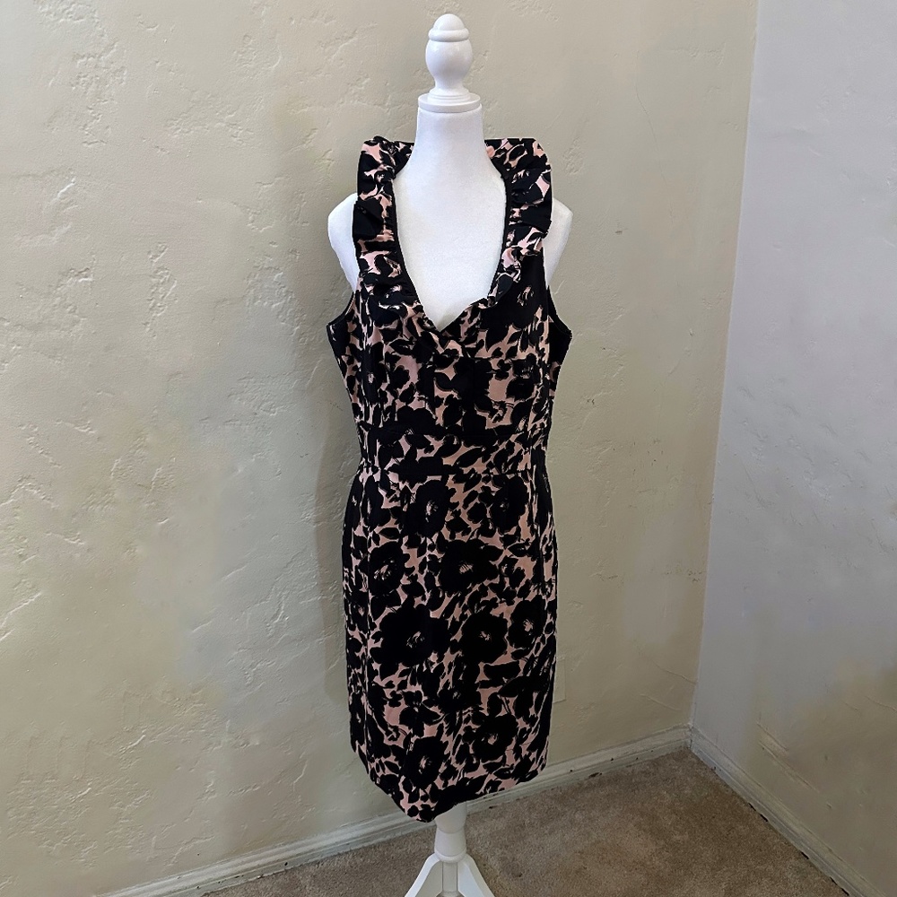 Taylor Floral Dress Black & Pink Ruffled Neckline Knee-length Fully Lined 14